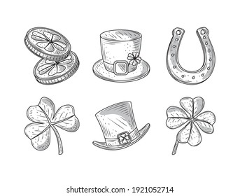 set happy st patricks day coins hat horseshoe icon sketch isolated vector illustration