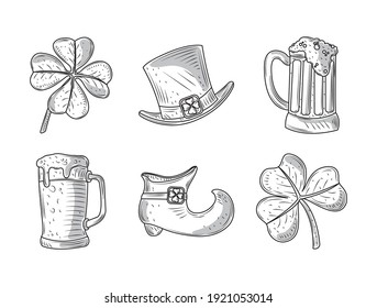 set happy st patricks day clover hat beer shoe icons sketch vector illustration