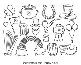 Set of Happy St. Patrick's Day symbols. Collection of elements  St. Patrick's Day clover, leprechaun hat, pot of gold coin, glass bear. Vector illustration isolated on a white background.