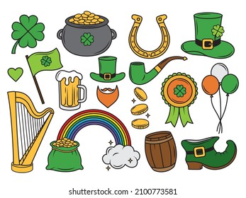 Set of Happy St. Patrick's Day symbols. Collection of elements  St. Patrick's Day clover, leprechaun hat, pot of gold coin, glass bear. Vector illustration isolated on a white background.