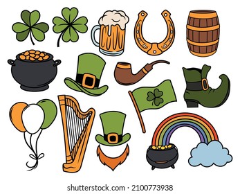 Set of Happy St. Patrick's Day symbols. Collection of elements  St. Patrick's Day clover, leprechaun hat, pot of gold coin, glass bear. Vector illustration isolated on a white background.