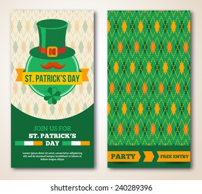 Set Of Happy St. Patrick's Day Greeting Card or Flyer. Vector illustration. Party Invitation Design with Argyle Pattern and Ribbon. Typographic Template for Text.