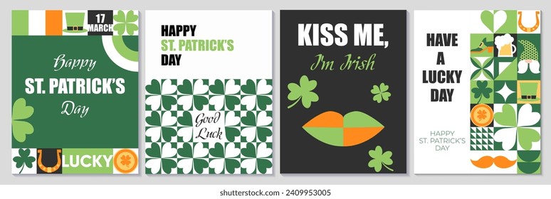 Set of Happy St. Patrick's Day geometric abstract posters, greeting card, banners, sale promotion templates. Vector mosaic backgrounds with a leprechaun hat, clover, gold coins, beer and simple forms.