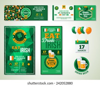 Set Of Happy St. Patrick's Day Greeting Cards or Flyers. Vector illustration. Typographic Template. Eat, Drink and be Irish.