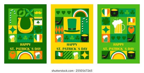 Set of Happy St. Patricks Day vertical greeting cards with modern abstract geometric pattern. Vector illustration
