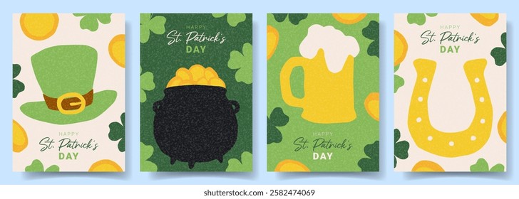 Set of Happy St. Patrick's Day cards. Modern vector cards with four-leaf clover, shamrock clover, beer mug, pot and coins. Adstract templates for celebration, branding, banner, cover, card, poster.