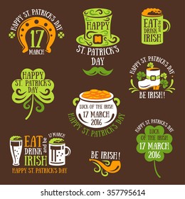 Set Of Happy St. Patrick's Day Typography Emblems. Vector illustration. Party Invitation Design. Eat, Drink and be Irish. 