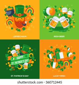 Conjunto de Feliz Concepto de Iconos Planos del Día de San Patricio. Composición cuadrada para tarjeta de felicitación o volante. Ilustración vectorial. Plantilla de diseño de invitación de grupo. Coma, bebe y sé irlandés.