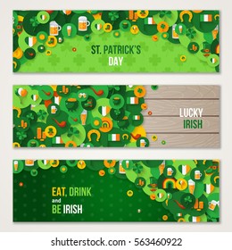 Set Of Happy St. Patrick's Day Horizontal Banners. Vector illustration. Party Invitation, Greeting card or Flyer with Circle Icons. Typographic Template.  Eat, Drink and be Irish