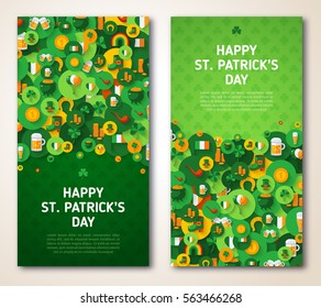 Set Of Happy St. Patrick's Day Greeting Card or Flyer. Vector illustration. Party Invitation Design with Circle Icons. Typographic Template.  