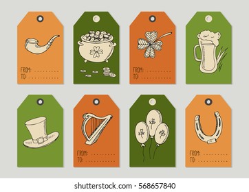 Set with Happy St. Patrick's Day vintage gift tags and cards with calligraphy. Handwritten lettering. Hand drawn design elements. Printable items