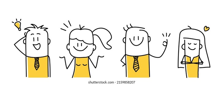 Set of happy stick figures showing various positive emotions with gestures. Doodle style. Vector illustration.