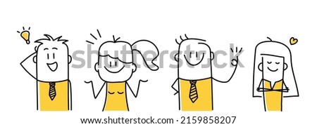Set of happy stick figures showing various positive emotions with gestures. Doodle style. Vector illustration.