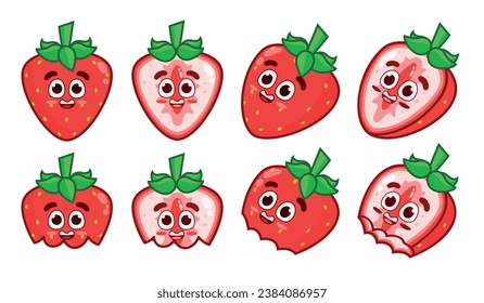 Set of happy strawberries. Animated fruit character. Whole strawberries, halves, and bitten ones.