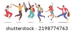 Set of Happy Students Characters Jumping with Backpacks and Textbooks. Schoolboys or Schoolgirls Laughing, Waving Hands Greeting New Educational Year, Back to School. Cartoon Vector Illustration