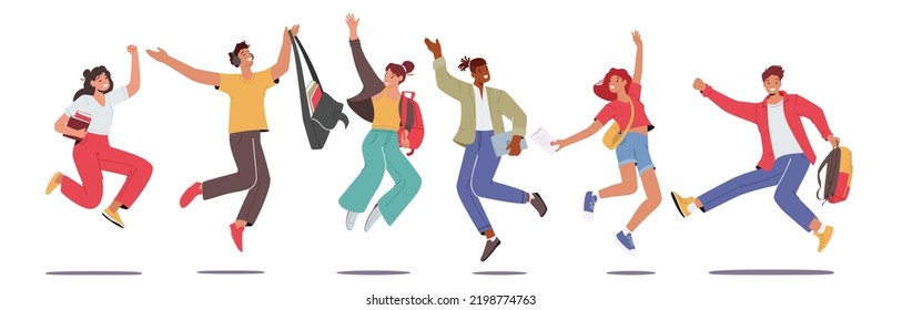 Set of Happy Students Characters Jumping with Backpacks and Textbooks. Schoolboys or Schoolgirls Laughing, Waving Hands Greeting New Educational Year, Back to School. Cartoon Vector Illustration