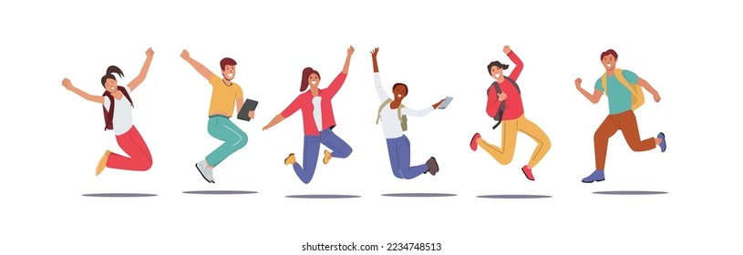 Set of Happy Students Characters Jumping with Backpacks and Textbooks. Schoolboys or Schoolgirls  jumping. Laughing, prepared to greeting New Educational Year, Back to School. 