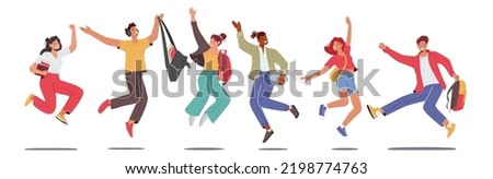 Set of Happy Students Characters Jumping with Backpacks and Textbooks. Schoolboys or Schoolgirls Laughing, Waving Hands Greeting New Educational Year, Back to School. Cartoon Vector Illustration