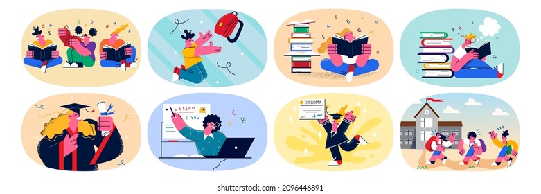 Set of happy students learning with textbooks have webcam lessons with teacher. Bundle of pupils learners graduate from school or university. Distant education concept. Flat vector illustration. 