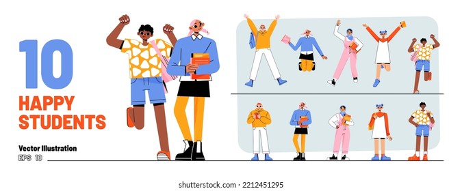 Set of happy students, school children, multicultural young girls and boys with backpacks holding books and smartphones. Happy diverse teenagers, classmates rejoice together Linear vector illustration