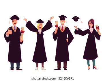 Set of happy students in traditional caps and gowns celebrating successful graduation, cartoon style illustration isolated on white background. 