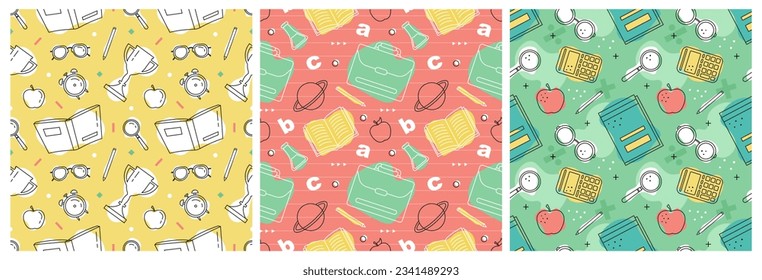 Set of Happy Teacher Seamless Pattern Design Educational Style Elements in Template Hand Drawn Cartoon Flat Illustration