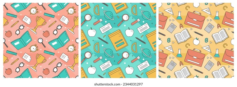 Set of Happy Teacher Seamless Pattern Design Educational Style Elements in Template Hand Drawn Cartoon Flat Illustration