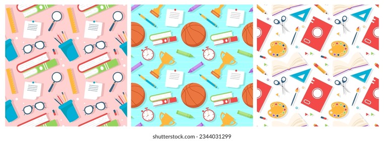 Set of Happy Teacher Seamless Pattern Design Educational Style Elements in Template Hand Drawn Cartoon Flat Illustration