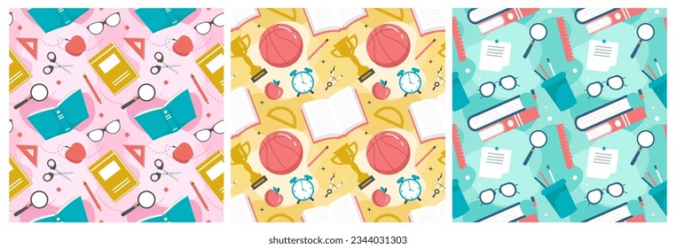 Set of Happy Teacher Seamless Pattern Design Educational Style Elements in Template Hand Drawn Cartoon Flat Illustration