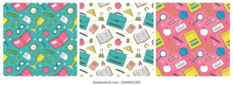 Set of Happy Teacher Seamless Pattern Design Educational Style Elements in Template Hand Drawn Cartoon Flat Illustration