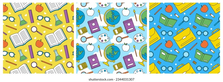 Set of Happy Teacher Seamless Pattern Design Educational Style Elements in Template Hand Drawn Cartoon Flat Illustration