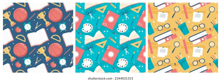 Set of Happy Teacher Seamless Pattern Design Educational Style Elements in Template Hand Drawn Cartoon Flat Illustration