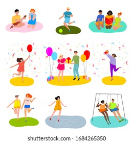 Set of happy teenagers celebrating a birthday party and playing various kinds of outdoor games. Vector illustration in flat cartoon style