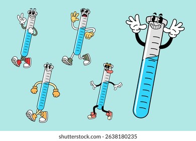 Set of Happy Test Tube Science in Various Poses Character Cartoon Illustration Retro style