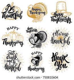 Set of happy thanksgiving badges. Turkey, pumpkin. Design element for poster, emblem,sign. Vector illustration