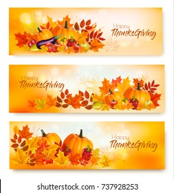 Set of Happy Thanksgiving banners with autumn vegetables and colorful leaves. Vector.