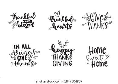 Set of Happy thanksgiving brush hand lettering phrases. Hand drawn Thanksgiving quote lettering. Can be used for holiday design.