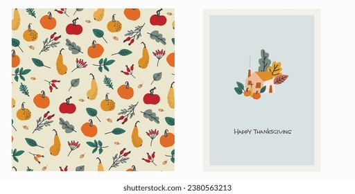 Set of Happy Thanksgiving card and pattern for holiday packaging, home decor and textiles. Cozy holiday design with country house, pumpkins, autumn leaves on blue background