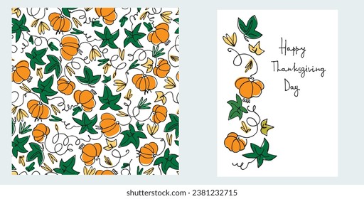 Set of Happy Thanksgiving card and pattern for holiday packaging, home decor and textiles. Cozy holiday design with country house, pumpkins, autumn leaves on blue background