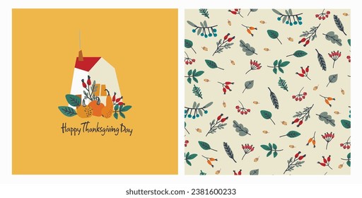 Set of Happy Thanksgiving card and pattern for holiday packaging, home decor and textiles. Cozy holiday design with country house, pumpkins, autumn leaves on blue background