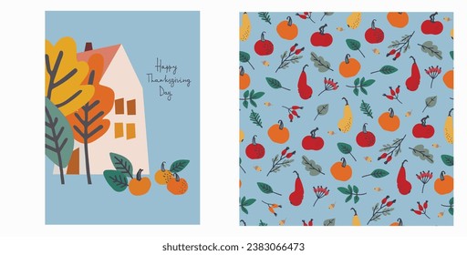 Set of Happy Thanksgiving card and pattern for holiday packaging, home decor and textiles. Cozy holiday design with country house, pumpkins, autumn leaves on blue background