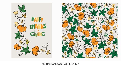 Set of Happy Thanksgiving card and pattern for holiday packaging, home decor and textiles. Cozy holiday design with country house, pumpkins, autumn leaves on blue background