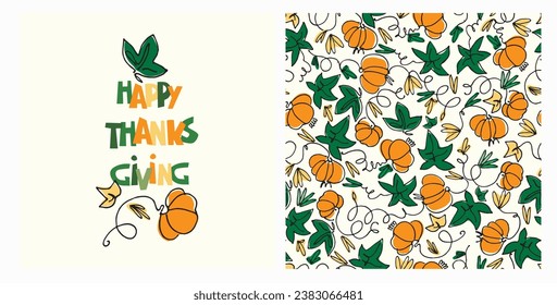 Set of Happy Thanksgiving card and pattern for holiday packaging, home decor and textiles. Cozy holiday design with country house, pumpkins, autumn leaves on blue background