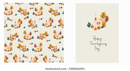 Set of Happy Thanksgiving card and pattern for holiday packaging, home decor and textiles. Cozy holiday design with country house, pumpkins, autumn leaves on blue background