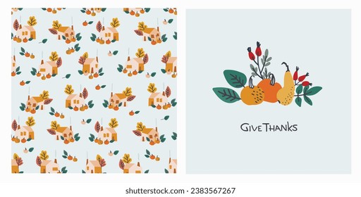 Set of Happy Thanksgiving card and pattern for holiday packaging, home decor and textiles. Cozy holiday design with country house, pumpkins, autumn leaves on blue background