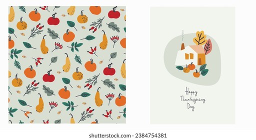 Set of Happy Thanksgiving card and pattern for holiday packaging, home decor and textiles. Cozy holiday design with country house, pumpkins, autumn leaves on blue background