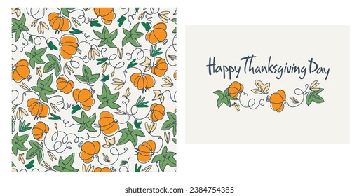 Set of Happy Thanksgiving card and pattern for holiday packaging, home decor and textiles. Cozy holiday design with country house, pumpkins, autumn leaves on blue background