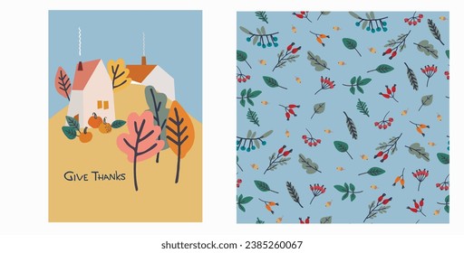 Set of Happy Thanksgiving card and pattern for holiday packaging, home decor and textiles. Cozy holiday design with country house, pumpkins, autumn leaves on blue background