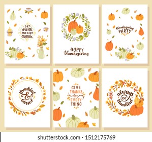 Set of happy thanksgiving cards. Eat drink and give thanks. Thankful & blessed. Give thanks in everything. Always be thankful. 