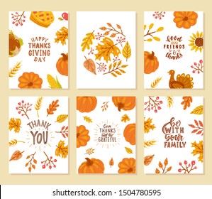 Set of happy thanksgiving cards. Food friends & thanks. Thank you. Be with your family. Give thanks and be grateful. 